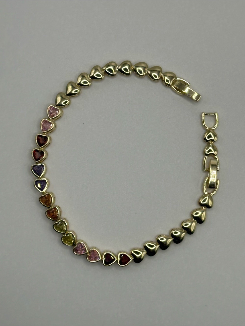 Gold Filled Heart Link Bracelet with Multi-Colored Gem Inlays